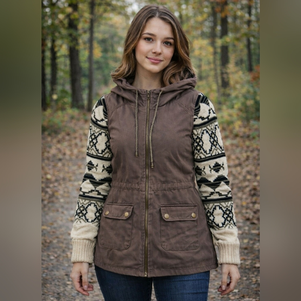 Skies Are Blue Women’s Utility Sweater Jacket Medium Brown Hooded Zip-Up Pockets